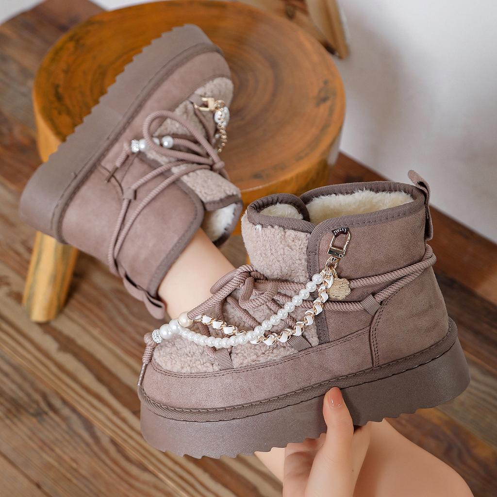 Women's Snow Boots Winter Velvet Thick-soled Short Cotton Boots Pearl Chain Decorative Warm Large Size Women's Cotton Boots