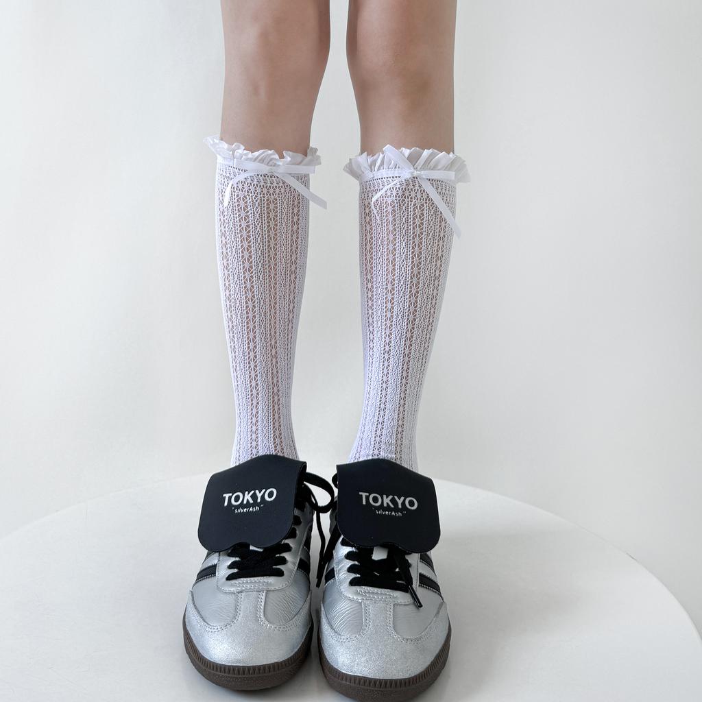 Womens Thin Mesh Breathable Midcalf Lace Socks With Mary Jane Lace Trim Hollowout Lace And Bowknots