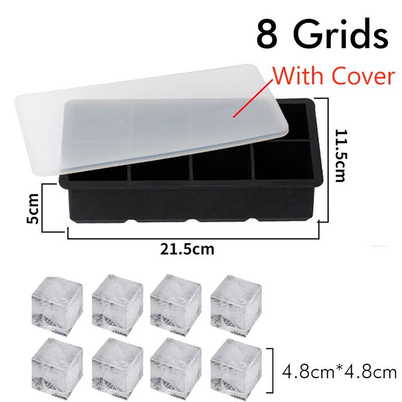 Ice Cube Tray Silicone Ice Mold Large Ice Cube Mold Square Ice Cube Maker Ice Cube Tray 4/6/8 Grid for Whiskey Cocktail Ice Mold