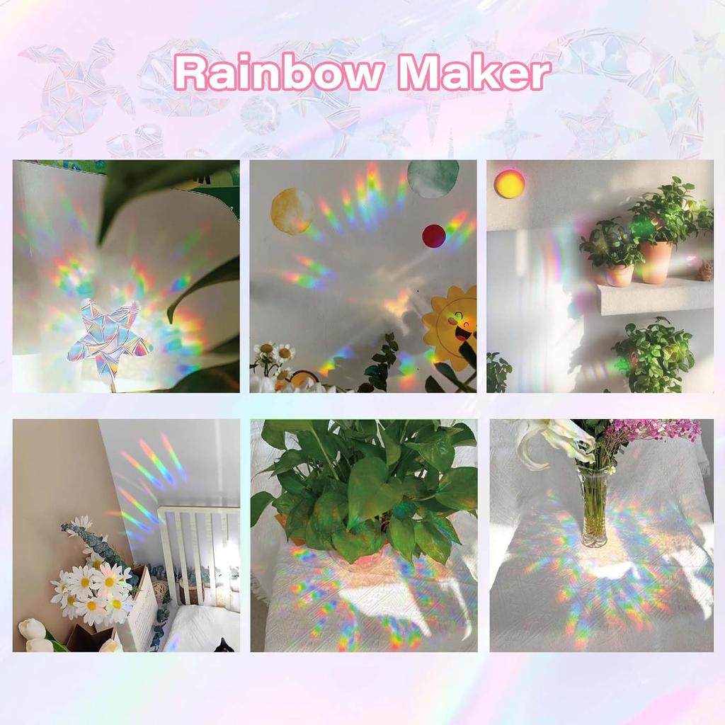21pcs Star Moon Cat Sun Catcher Window Clings for Glass Windows, Anti-Collision Stickers Decals Prevent Bird Strikes,Rainbow Prismatic Window Clings