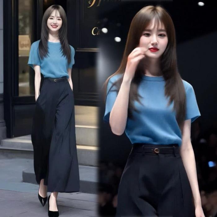 2026 Summer New Commuter Suit Women's T-Shirt Skinny Short Sleeve Top Wide Leg West Pants Temperament Two-piece Suit T