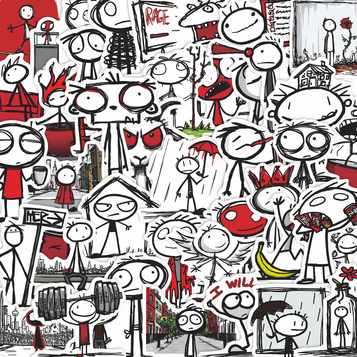

50 Cross-border Red Line Little People Stickers: Cute DIY Journal & Gadget Decals