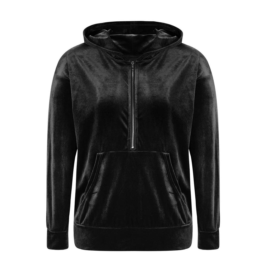 Women's Solid Color Hooded Loose Long Sleeved Zipper Pocket Gold Velvet Top Sweatshirt