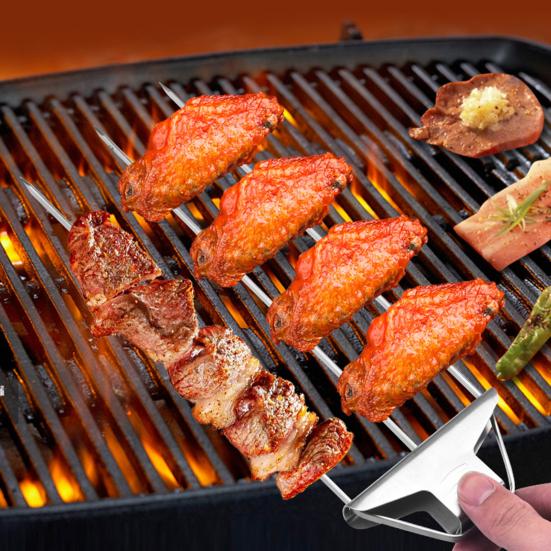 3 Prong Skewers for Grilling Reusable Stainless Steel BBQ Skewers with Push-Off Slider Easy Serving Metal Kabob Skewers Outdoor Grill Accessories