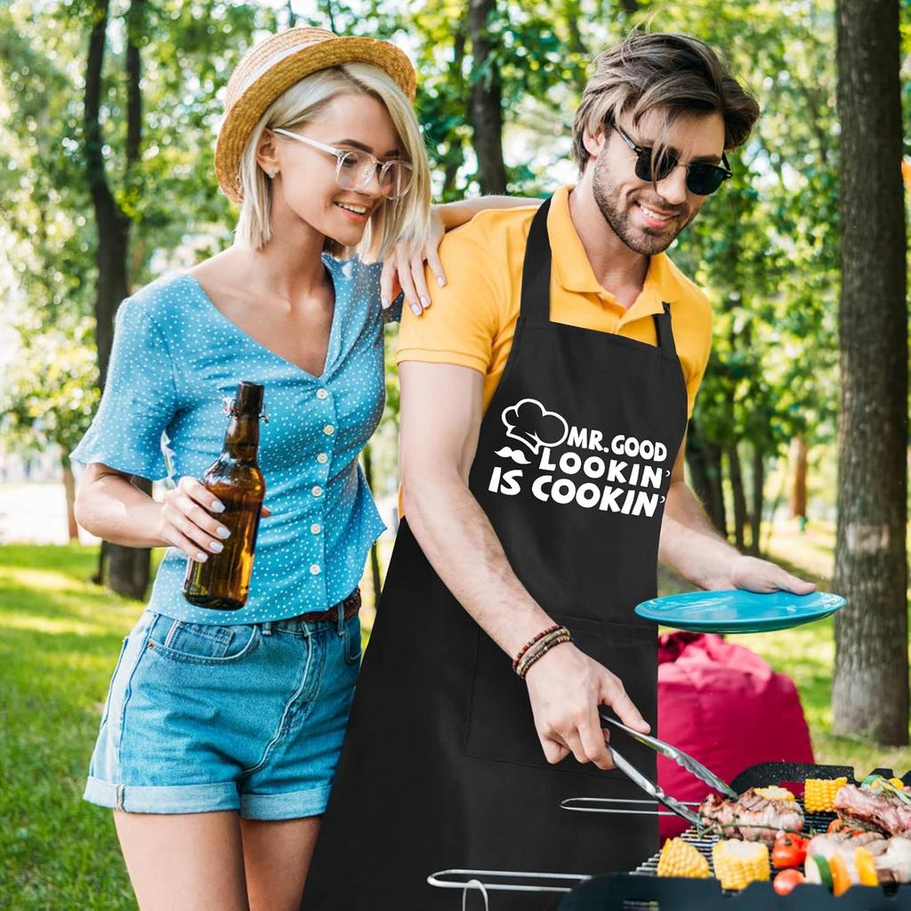 Funny Aprons for Men, Mr. Good Lookin’ Is Cookin’ Chef Apron with 3 Pockets, Adjustable Neck Strap and Long Waist Ties, Perfect for Kitchen