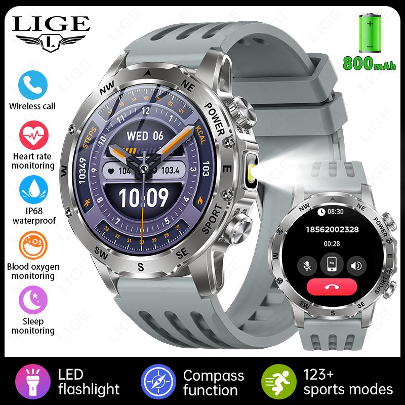 

800mAh Large Battery Durable Adult Smart Watch Compass LED Flashlight IP68 BT Call Heart Rate 100+ Sports Smartwatch Men 800mAh Big Battery серый