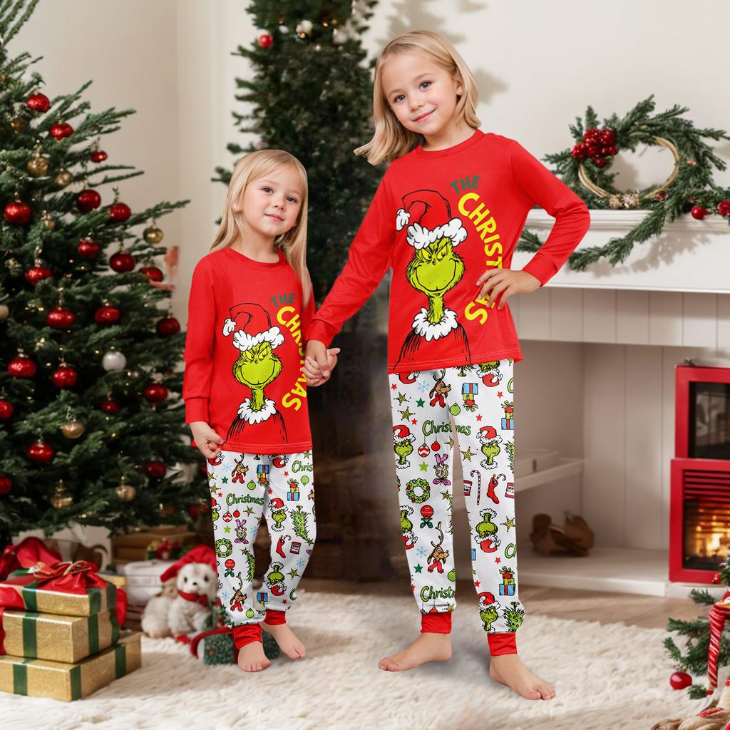 Matching Family Christmas Print Loungewear Set with Long Sleeve Neck Top and Pants for Parents and Kids