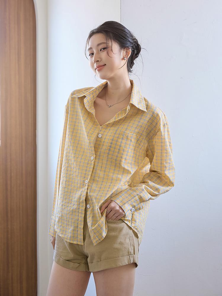 Women s Retro Plaid Loose Fit Shirt - Korean Style Long Sleeve Top for Spring & Autumn Casual Wear XL жёлтый