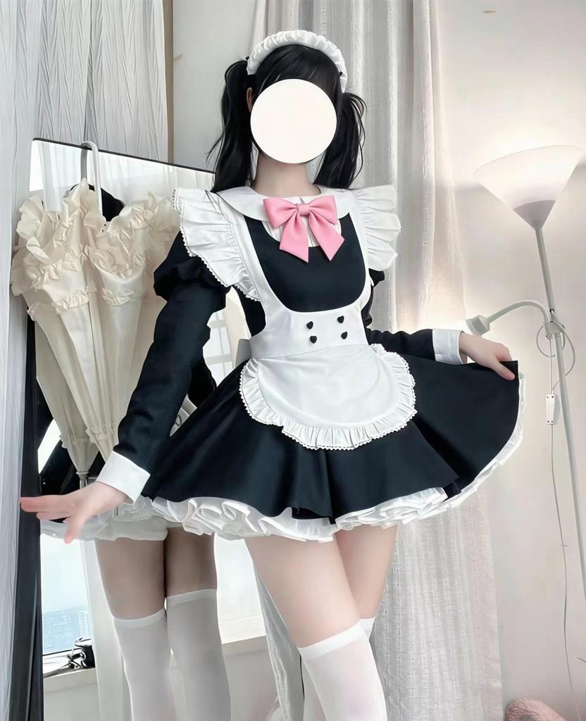 KALAOK Maid Cosplay Long Sleeve Halloween Cute Size 3XL Dress, Uniform, Cafe, Costume, Dress, Black,