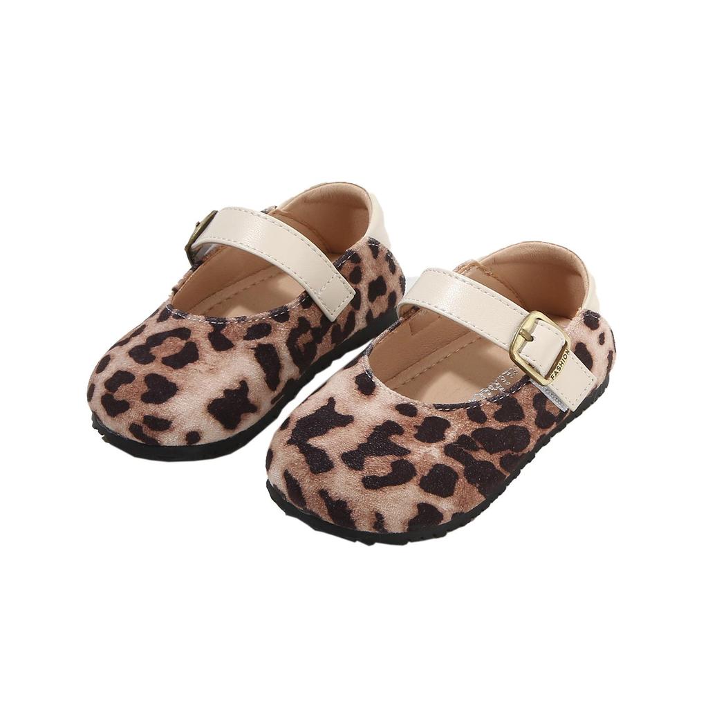 Spring 2026 Girls' Leopard Print Soft Sole Leather Flats - Korean Style Non-Slip Princess Shoes
