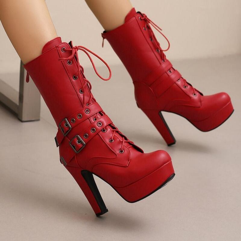 Women Punk Style Lace-Up Ankle Boots Belt Buckle Platform High Heels Short Boot Female White Autumn Winter Round Toe Shoes
