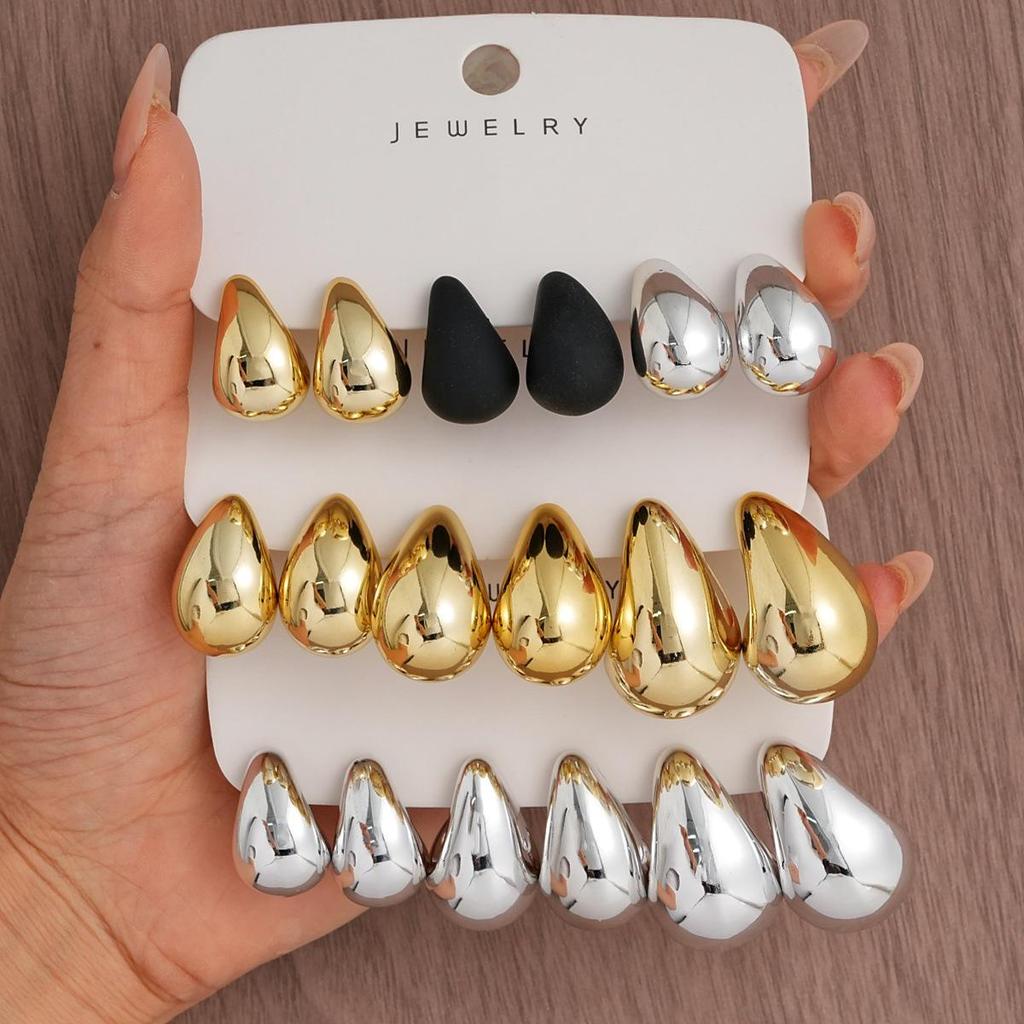 Women's Geometric Gold Teardrop and Twist Earring Set (3-9 Pairs)
