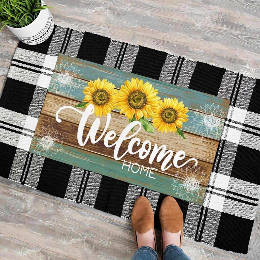 VIKAMA Summer Doormat Sunflower Front Door Welcome Mat Vintage Rustic Yard Non Slip Seasonal Home Decoration Indoor Outdoor