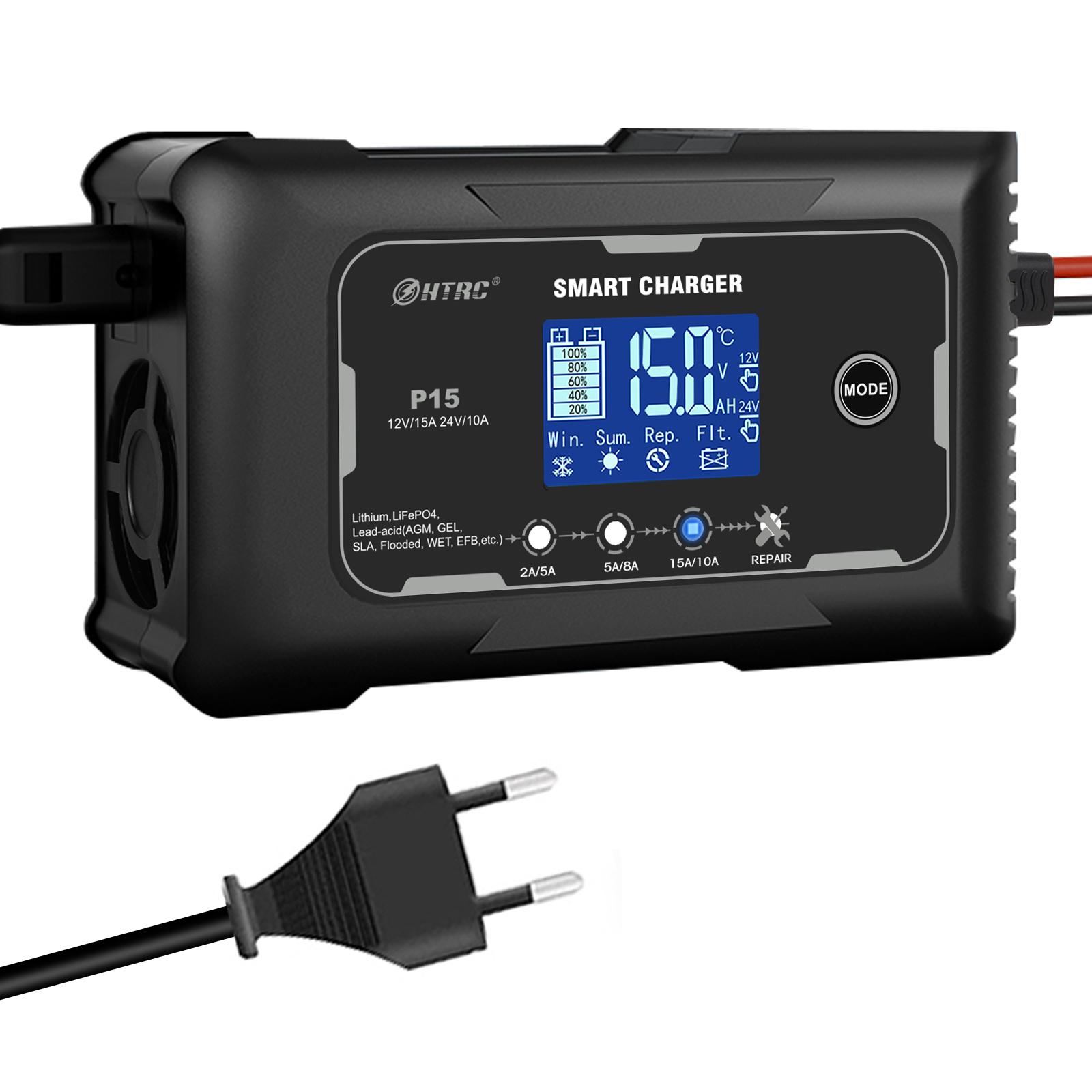 HTRC 15A/20A Smart Battery Charger Automatic Pulse Repair Charge for Lead-Acid Lithium LiFePO4 Battery Car Motorcycle Charger 15A EU PLUG