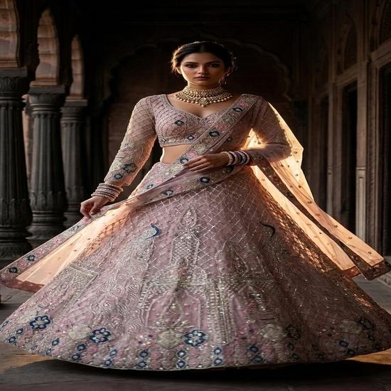 Regal Pastel Pink Embroidered Bridal Lehenga Set FREE SIZE