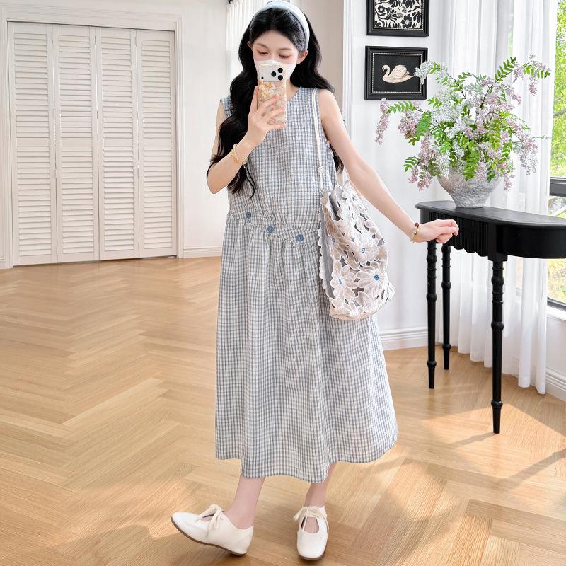 2026 Korean Style Plaid Maternity Summer Dress XXL