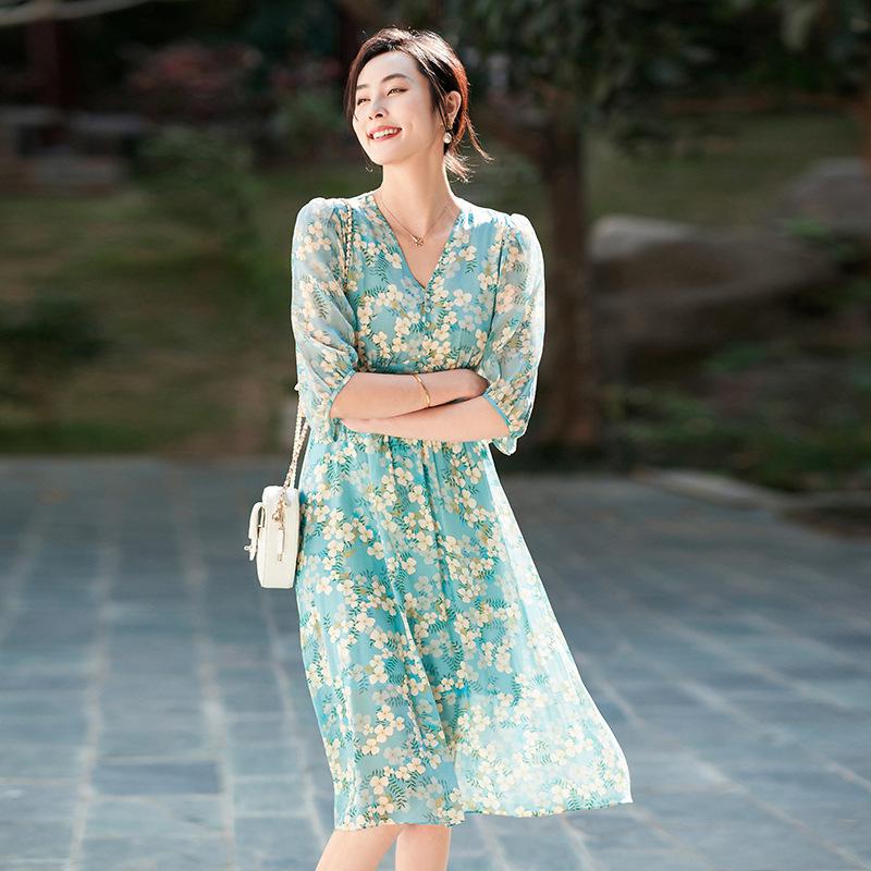 Elegant Silk Dress with Waist-Cinched Print