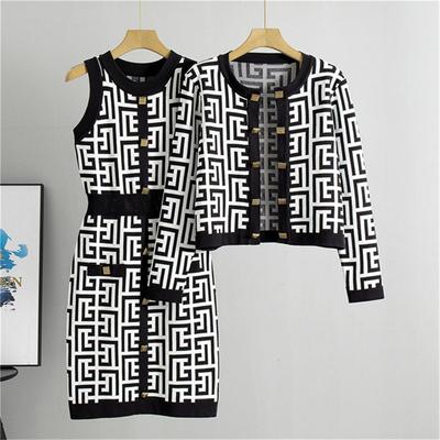 Fashion sSuit Women's Autumn Temperament Knitted Sweater Jacket Vest Dress Two Piece Set