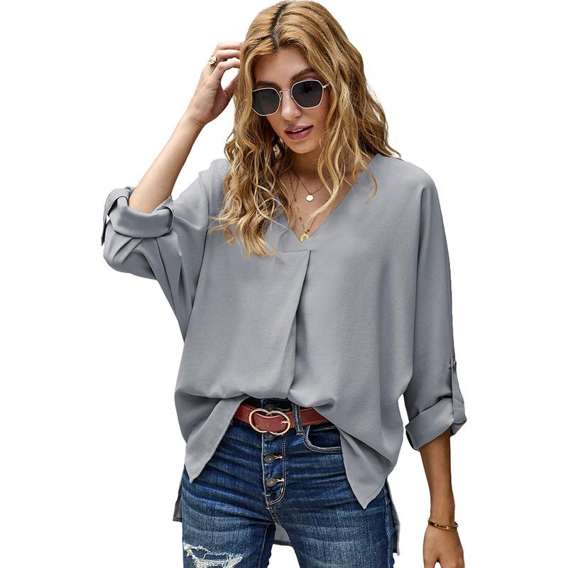 Women's V Neck Three Quarter Sleeve Blouse Loose Fit Office Solid Color High Low Hem Shirt Casual Work Top For Autumn Daily Wear