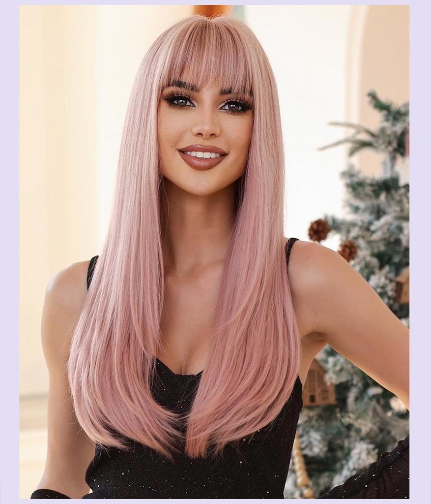 Perruque brune longue et lisse avec frange: Ensemble de tête complète de style européen et américain, à la mode et naturel