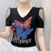 New European Brand Women's Clothes T-shirt Sexy V-Neck Luxury Butterfly Hot Diamonds Girls Tops Fashion Summer Short Sleeve Tees