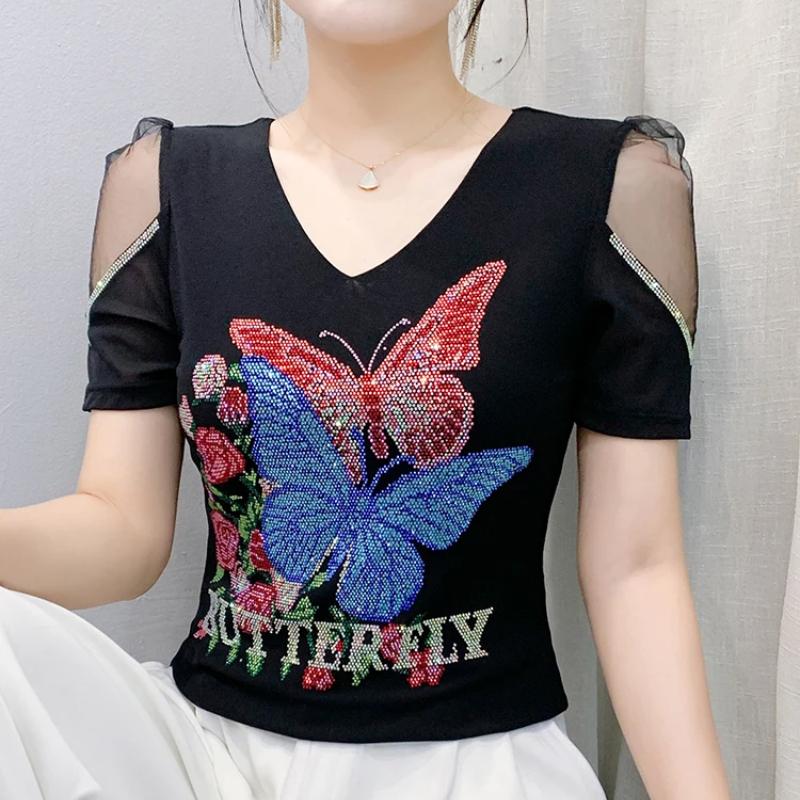 New European Brand Women's Clothes T-shirt Sexy V-Neck Luxury Butterfly Hot Diamonds Girls Tops Fashion Summer Short Sleeve Tees