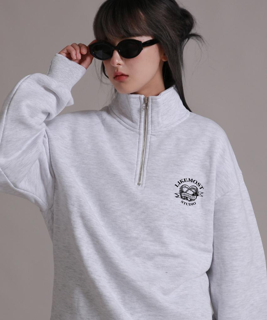 LIKE THE MOST Studio Heart Half-Zip Brushed Over Sweatshirt 4 Colors