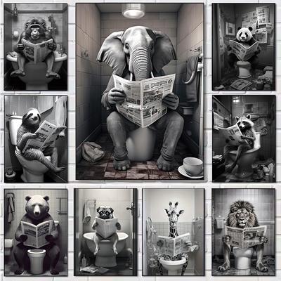 Elephant Sitting On Toilet Funny Bathroom Animals Poster Canvas Painting Prints Lion Wall Art WC Toilet Home Room Decor Unframed
