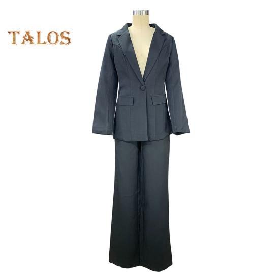 2 Pcs/Set Women Suit Coat Pants Set Deep V Neck Lapel Single Button Closure Mid Length Cardigan Long Sleeve Jacket Straight Trousers Lady Formal