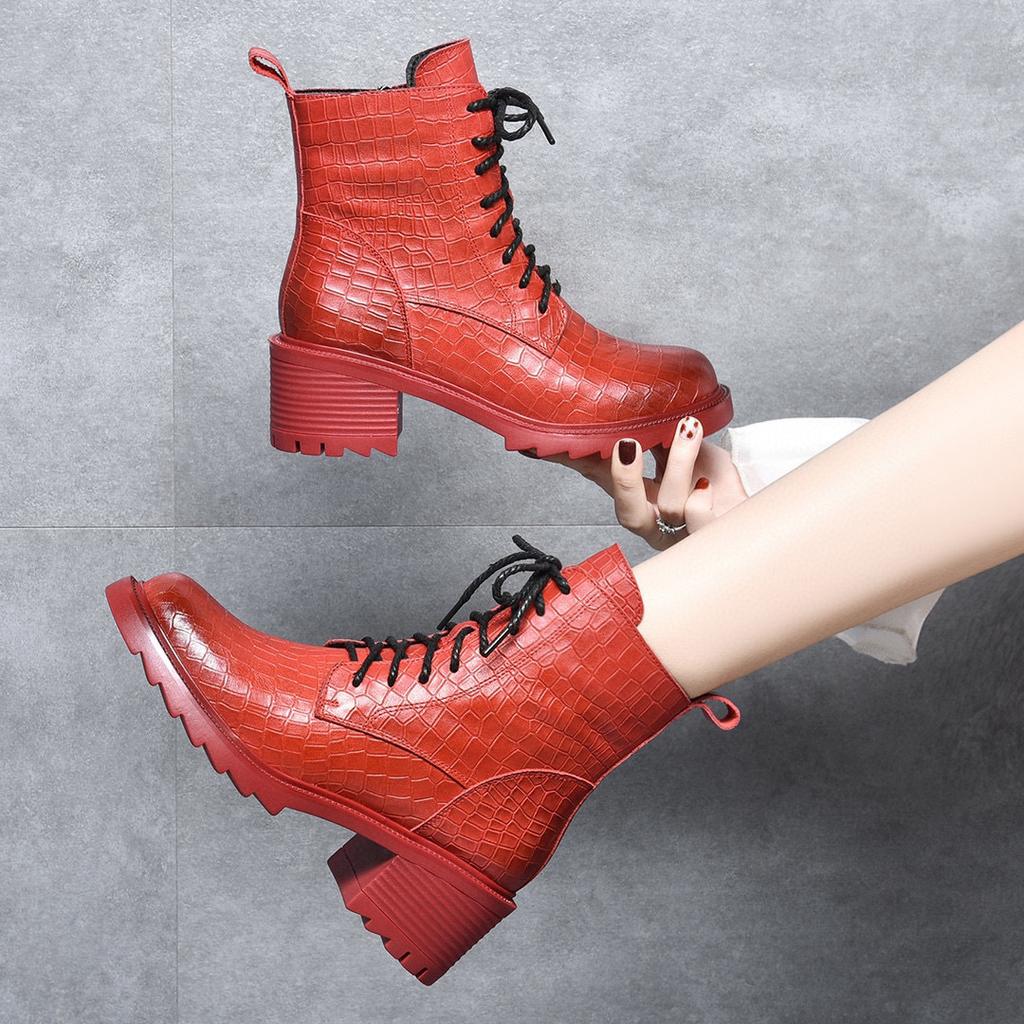 Martin Boots Women's Boots Autumn and Winter New Round Head Thick Heel Stone Pattern Cowhide Strap Short Boots Locomotive Boots Leather Boots