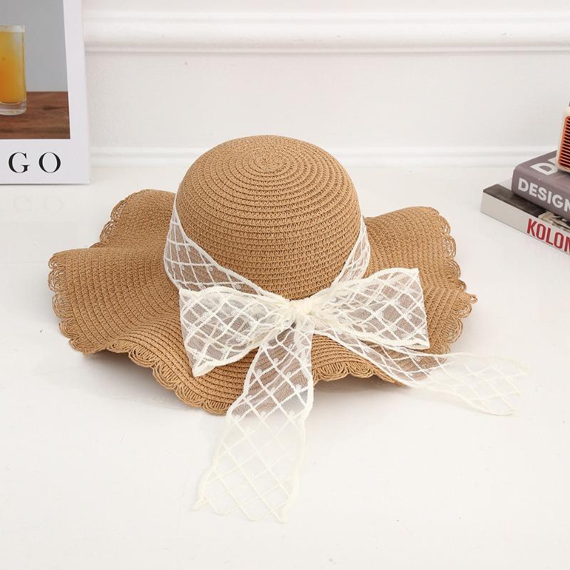 Summer Bow Sun Hat Female, Seaside Beach Vacation Sun Hat Outdoor Big Brim Sun Hat Sweet Straw Hat