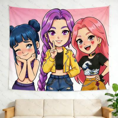 Trendy Kpop Wall Tapestry Cute Cartoon Starry Backdrop Aesthetic Room Decor for Kpop Fans Durable  Washable Bedroom Tapestry