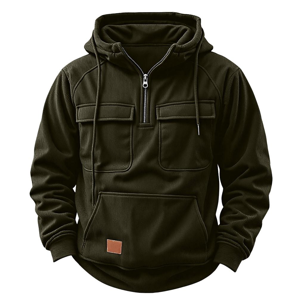 Men's Solid Color Fleece Half Zip Pocket Sweatshirt Hoodie Men's Sports Large Size Casual Sweatshirt