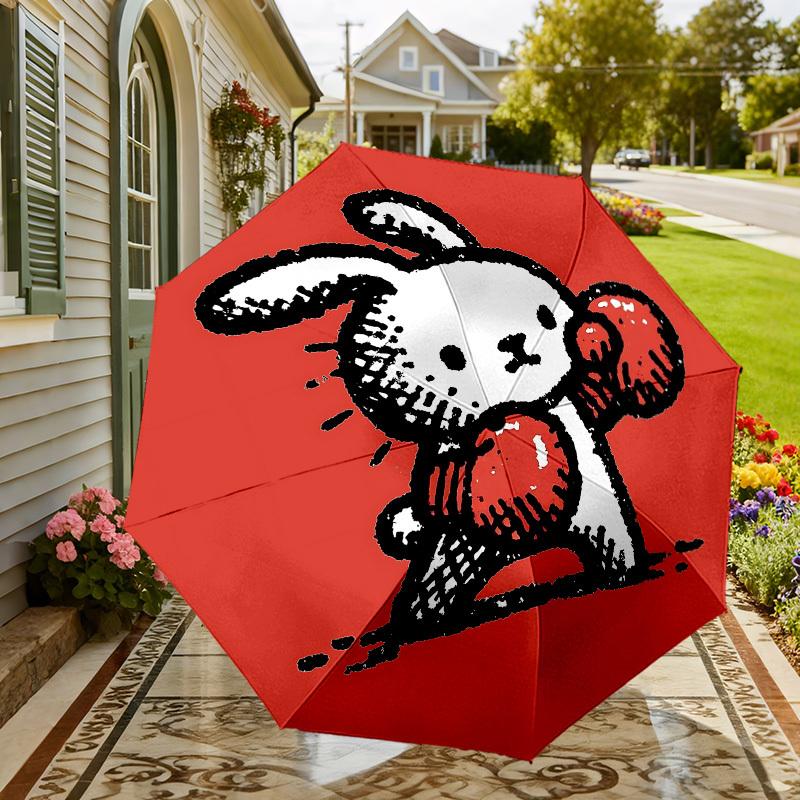 Adorable Lapin avec Balle Rouge: Design de parapluie unique - Parfait pour les aventures en plein air, Essentiels de voyage 001