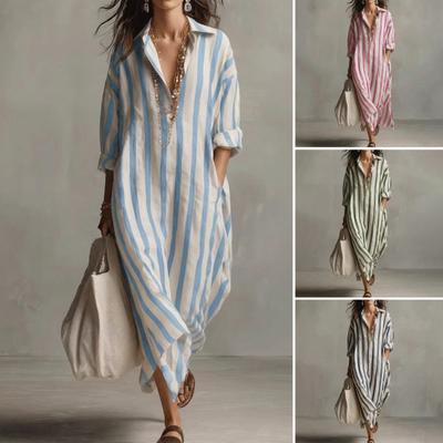 Loose Shirt Dress for Women Casual Long Sleeve V Neck Striped Long Dress Travel Vacation Maxi Dress with Pockets