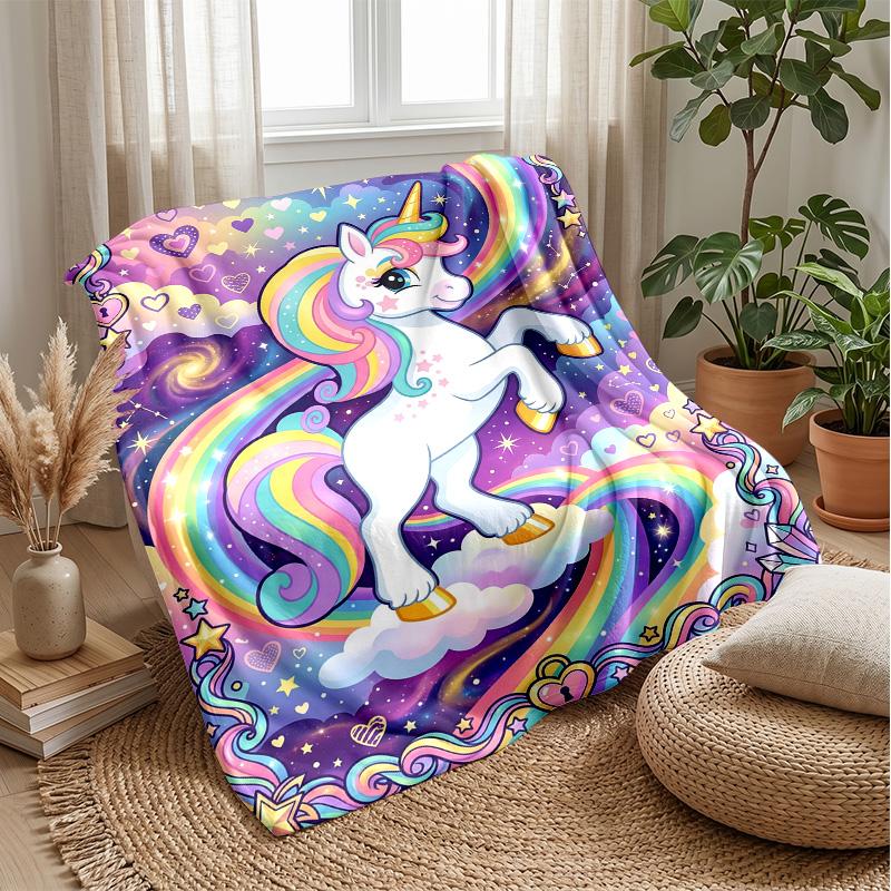 Rainbow Unicorn Fantasy Theme Blanket Lightweight Warm Flannel Blanket Decorative Throw Blanket for Home Decoration