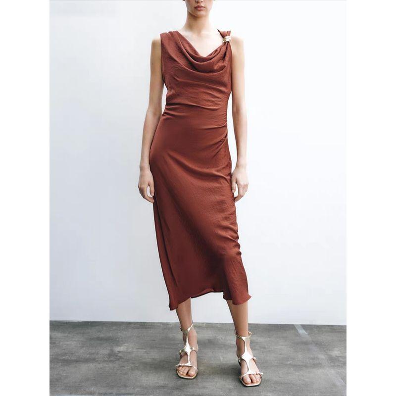 Za2025 Summer New Product Women's Clothes Elegant Gold Inlaid Draped Collar Midi Skirt Dress 5029070 700