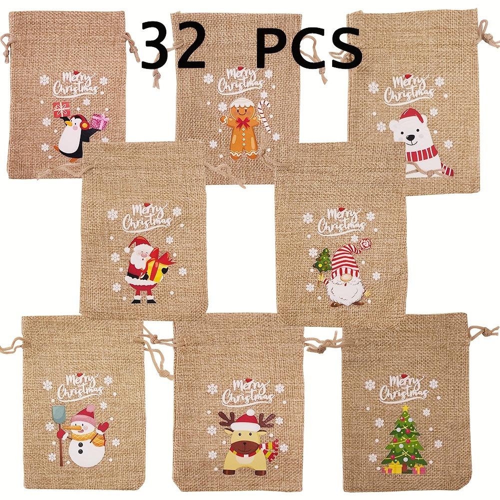 8/32pcs Christmas Burlap Gift Bags with Drawstring - Festive Linen Holiday Party Favors, Small Jute Bags for Gift Wrapping