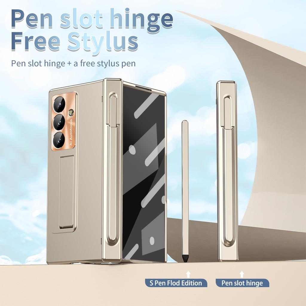Luxury Phone Case with Pen for Samsung Galaxy Z Fold 4 5 6 7 Electroplated Glass Film Hinge Protection Cover