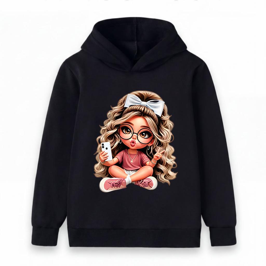 Kids Boys Girls Hooded Sweatshirt Cute Cartoon Girl Print Long Sleeve Pullover Hoodie Casual Warm Top For School Street Daily Wear For 3-12 Years Old