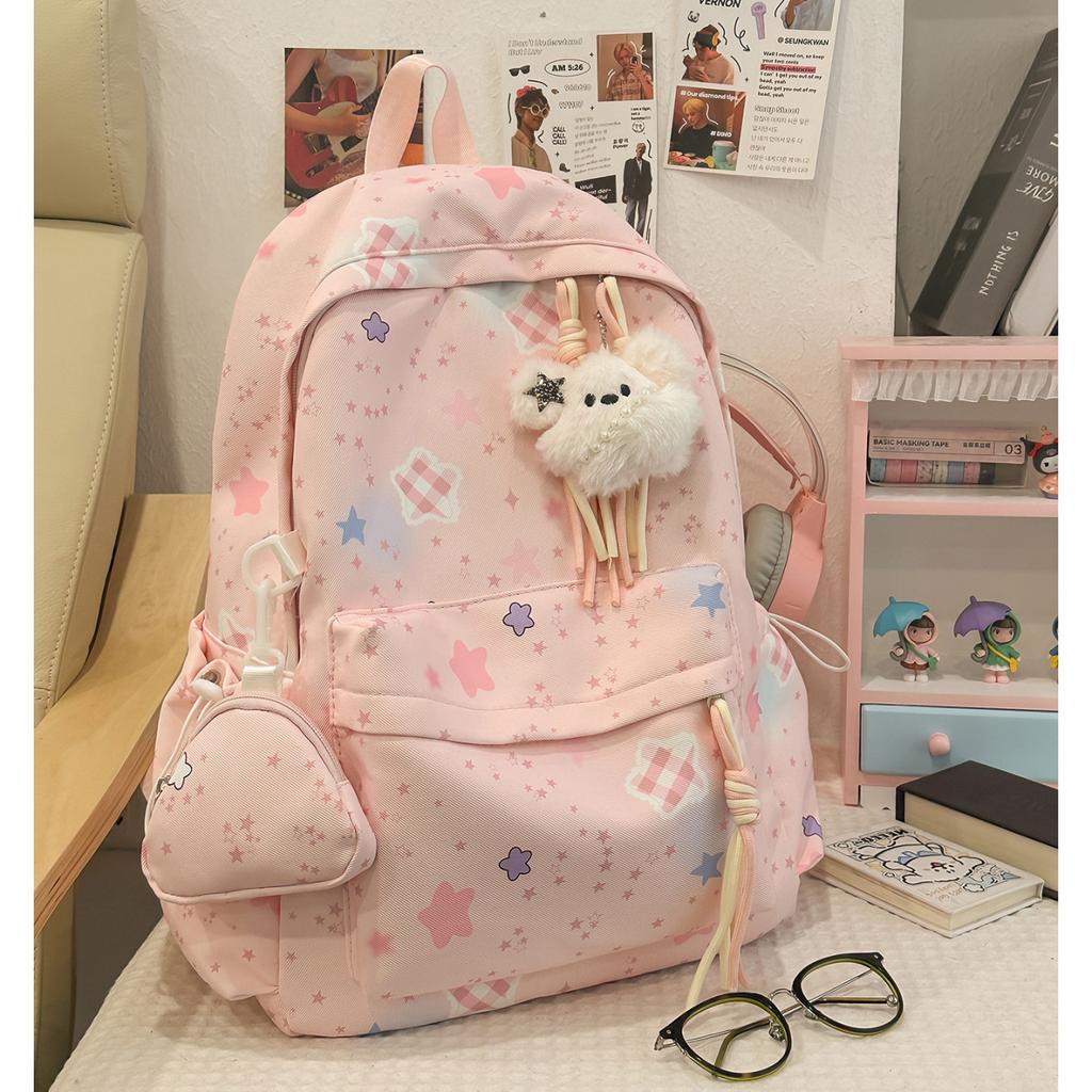 Schoolbag New Macaron Star Printed Backpack Middle School Girl Sweet School Bag Large Capacity Lightweight Backpack
