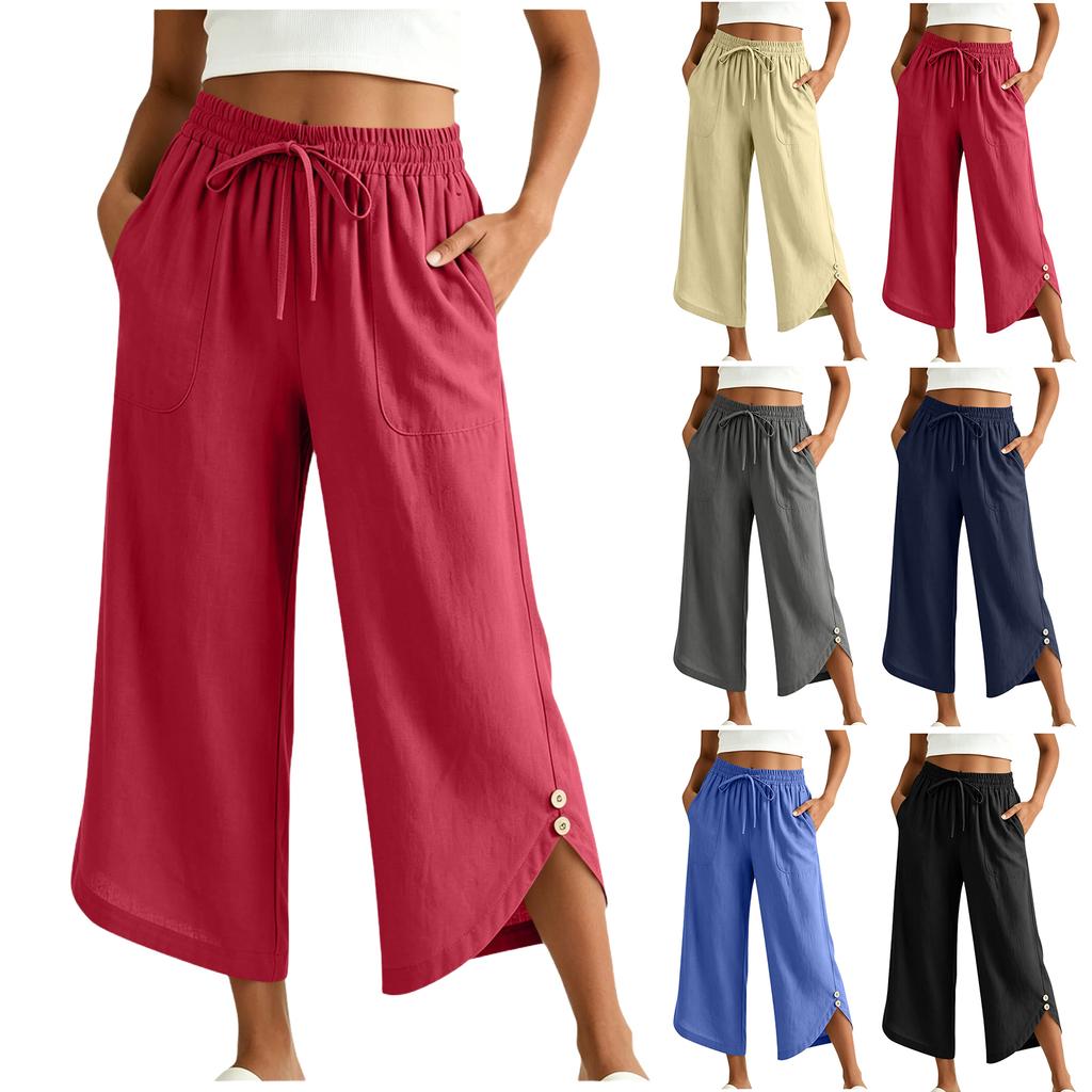 Women Casual Elastic Waist Drawstring Pants with Pockets Side Button Detail Relaxed Fit Cropped Trousers for Everyday Wear