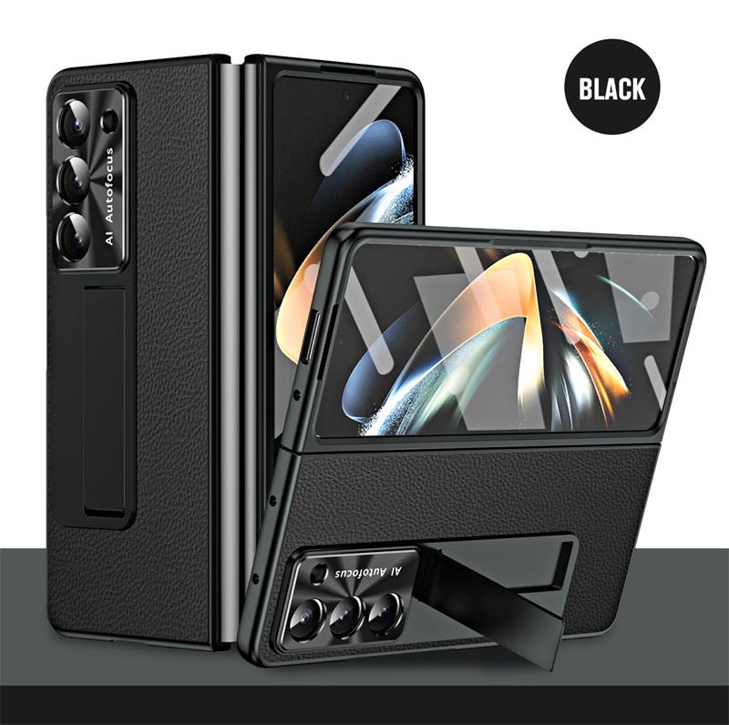 Luxury Plating Leather Lens Protection Kickstand Full Protect Case for Samsung Galaxy Z Fold 8 Ultra 6 5 4 3 With Tempered Glass