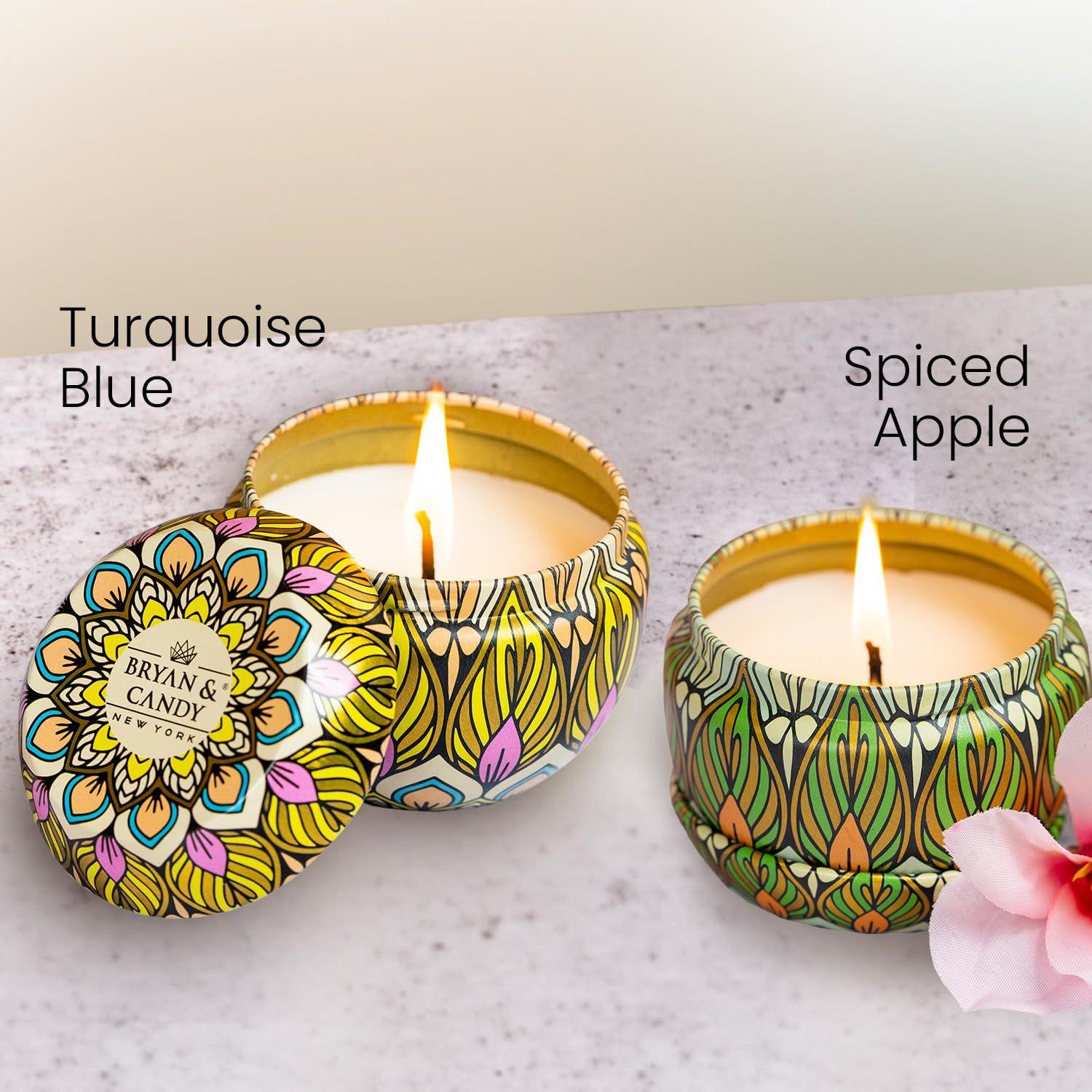 

Scented Candles Gift Set for Women & Men| 60gm Each Soy Wax Eco-Friendly Printed Tin, Pack of 2 (Turquoise Blue | Spiced Apple)