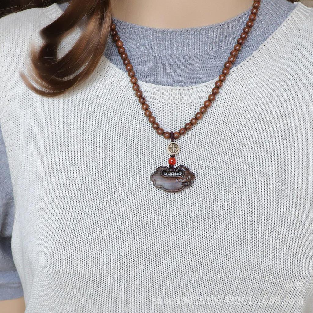 Sandalwood Necklace with Wooden Beads - Retro Chinese Clavicle Chain, Elegant Sweater Accessory for Women