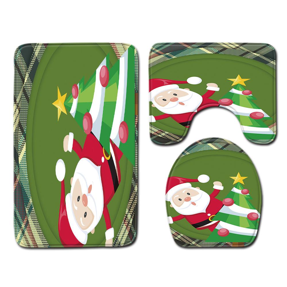 Christmas Shower Curtain Floor Mat Combination Four-Piece Set Bathroom Toilet Carpet Shower Room Mat Foot Mat