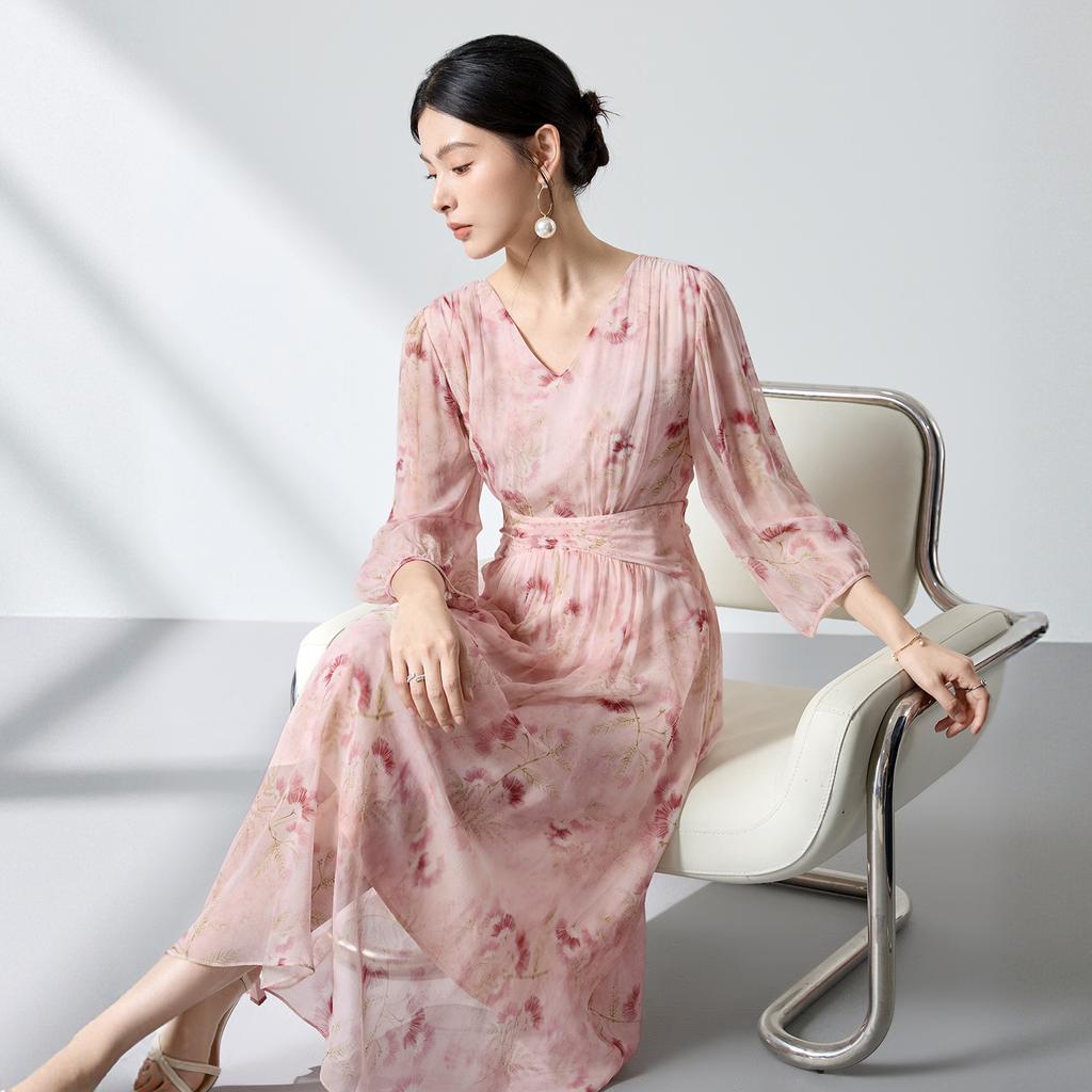 Mulberry silk dress women's summer silk floral slim and thin flower language georgette French long dress temperament young