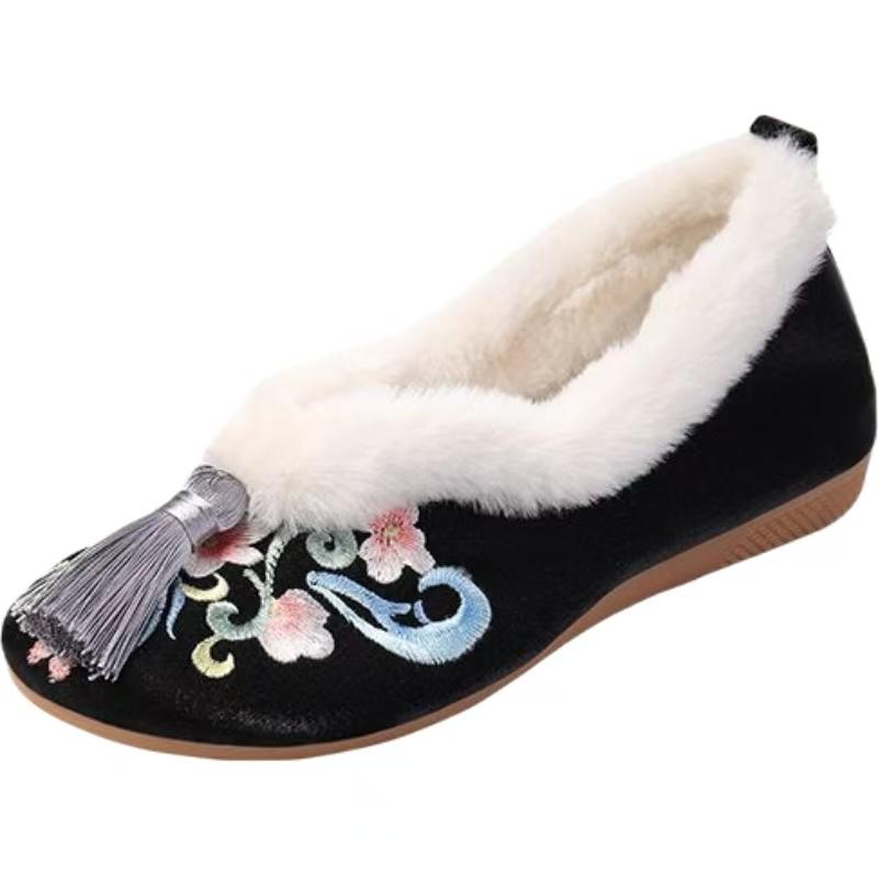 Damen Winter Neu Flache Bestickte Baumwollschuhe Ethnischer Stil Flache Sohle Zum Hineinschlüpfen Runde Spitze Plüsch Warm Seidenquaste Hanfu Schuhe