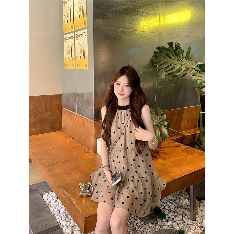 Foreign style polka dot contrasting color bow neck dress women's spring new small loose and thin short skirt