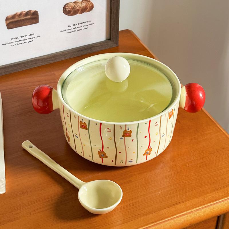 ins cartoon polka dot instant noodle bowl with lid student dormitory snail powder bowl binaural ceramic soup bowl high-value tableware